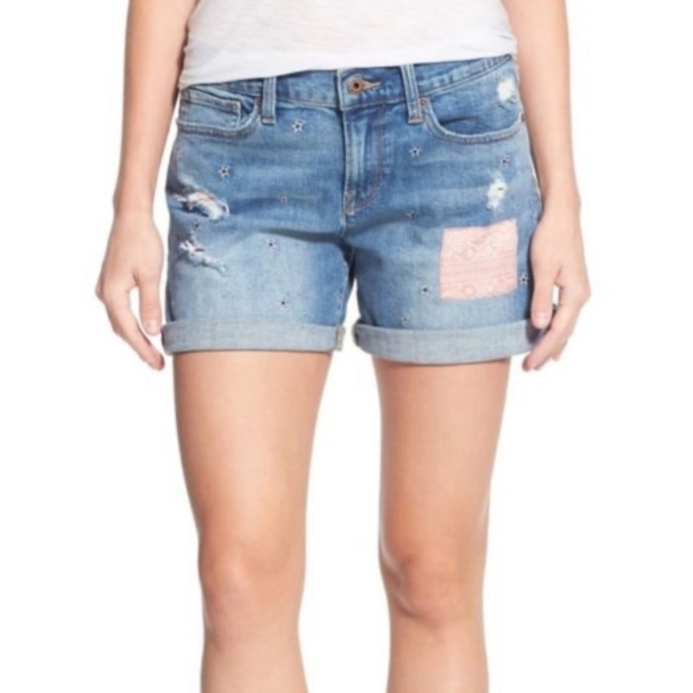 Lucky Brand The Roll Up star embroidered patchwork distressed shorts